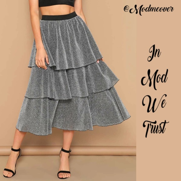 Mod Me Over Dresses & Skirts - NEW Silver Girly Flirty Ruffle Tiered Midi Skirt